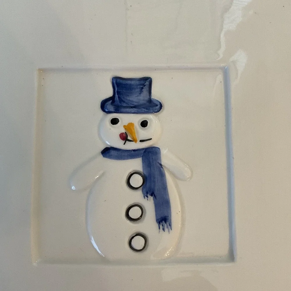 Crate‎ & Barrel Snowman Trivet Set 2 Ceramic 8in Square Italy Stefani Ceramica